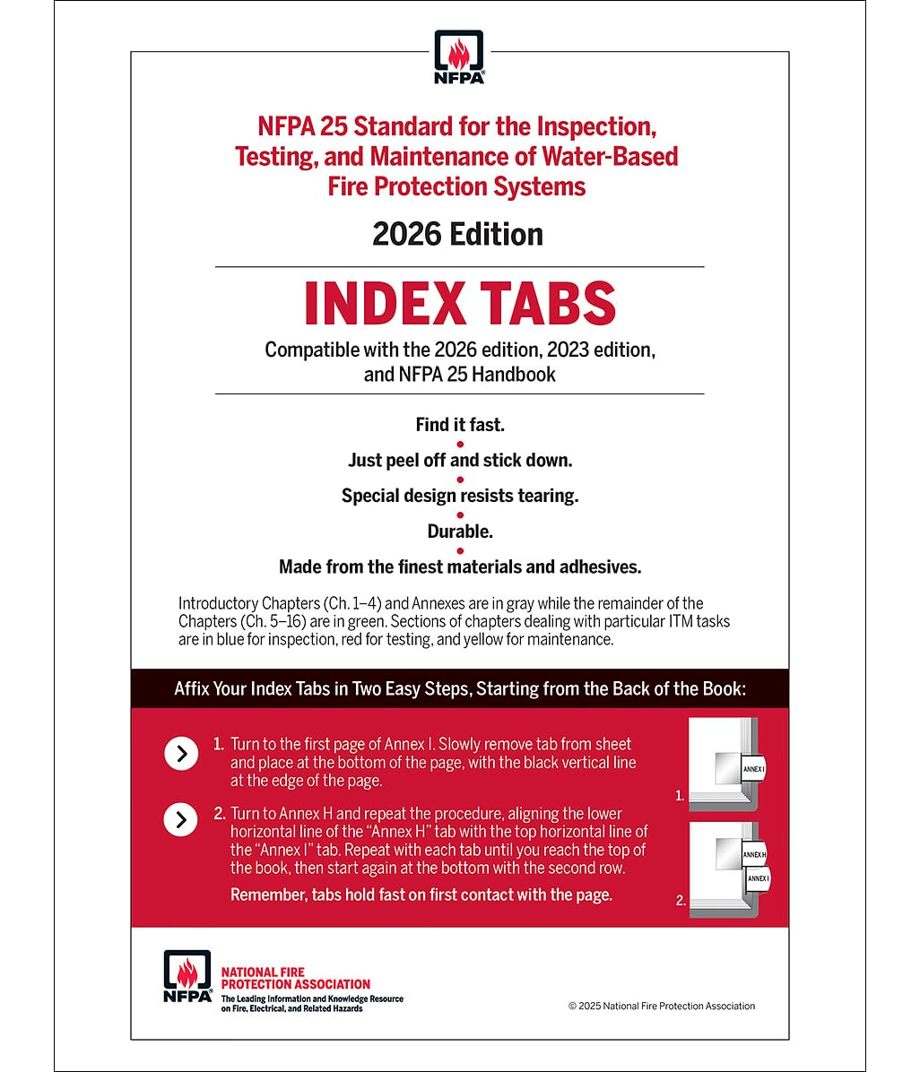 National Fire Protection Association NFPA 25, Standard for The Inspection, Testing, and Maintenance of Water-Based Fire Protection Systems Self-Adhesive Index Tabs 2026
