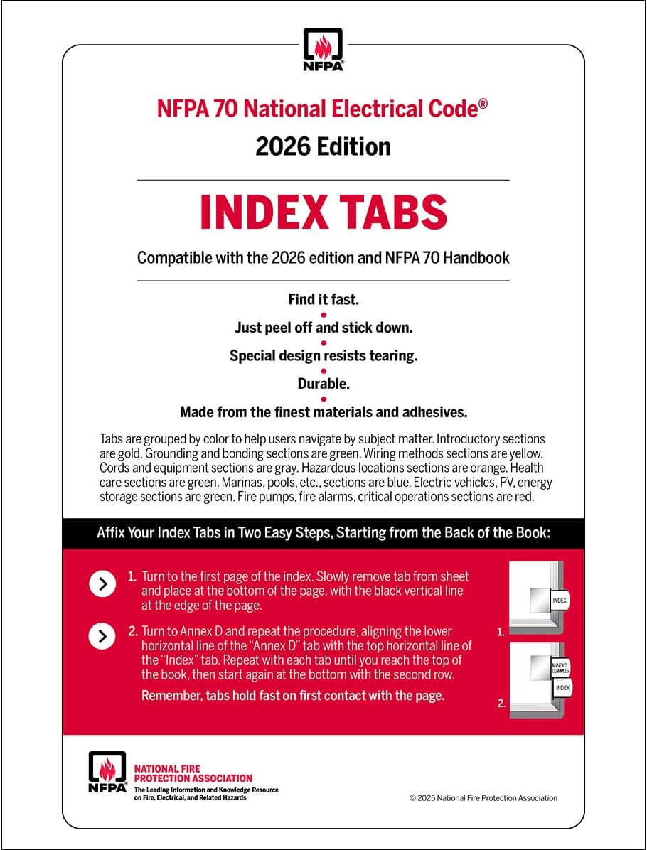 National Fire Protection Association NFPA 70, National Electrical Code (NEC) Self-Adhesive Index Tabs 2026